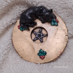 Incensário Gato preto com pentagrama Wicca M03 14x14cm em gesso