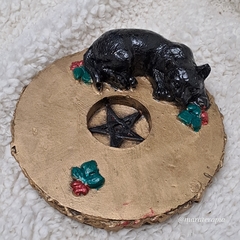 Incensário Gato preto com pentagrama Wicca M03 14x14cm em gesso