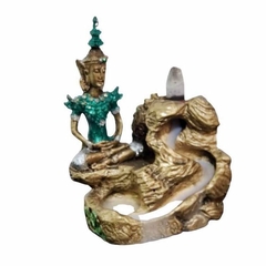 Incensário cascata Buda, Sidarta Gautama, 12x6cm pintura a mão roupa verde com adorno