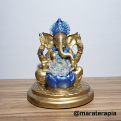 Lord Ganesha com Flor De Lotus cristal azul 33cm gesso e adorno