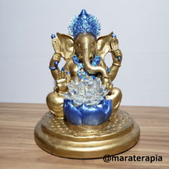 Lord Ganesha com Flor De Lotus cristal azul 33cm gesso e adorno