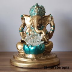 Lord Ganesha com Flor De Lotus cristal verde 33cm gesso e adorno