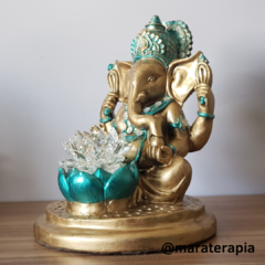 Lord Ganesha com Flor De Lotus cristal verde 33cm gesso e adorno