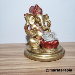 Lord Ganesha com Flor De Lotus cristal vermelho 33cm gesso e adorno