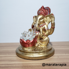 Lord Ganesha com Flor De Lotus cristal vermelho 33cm gesso e adorno