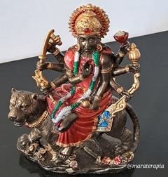 Mãe Durga sentada no tigre deusa hindu M01 em resina com adorno