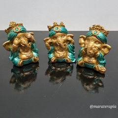 Trio de Ganesha Mini Cega Surda Muda M0D 02 6cm em gesso com adorno