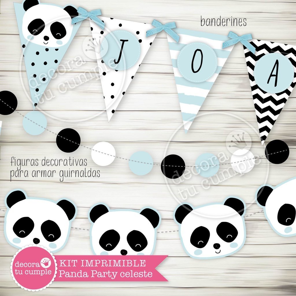 Banderines osito panda party celeste nene imprimibles cumpleaños