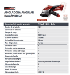 Amoladora Angular Inalambrica a Bateria Einhell TE-AG 18 Li 115mm 18v - comprar online
