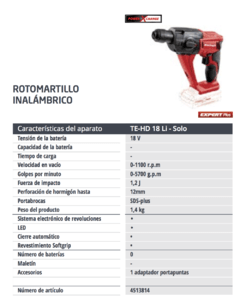 Rotomartillo SDS-PLUS Inalambrico a Bateria Einhell TE-HD 18 Li 18v - comprar online