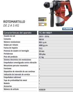 Rotomartillo SDS-PLUS Einhell TC-RH 900 3,0 Joules 900w - comprar online