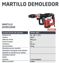 Demoledor Eléctrico SDS-MAX Einhell TE-DH 1027 1500w 32 Joules - comprar online