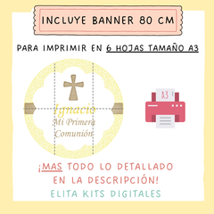 Kit imprimible Comunión Amarillo Cruz + Banner Circular Fondo Mesa Dulce Candybar - comprar online