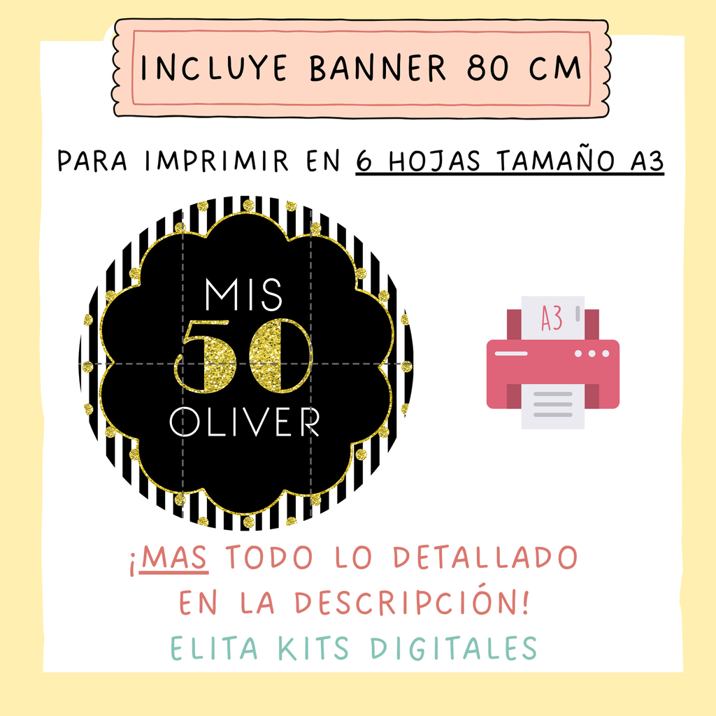 Kit imprimible 50 Años Hombre + Banner Circular Fondo Mesa dulce Candybar