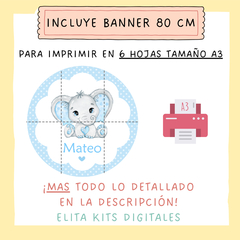 Kit Imprimible Elefante Bebe + Banner Circular Fondo Mesa Dulce - comprar online