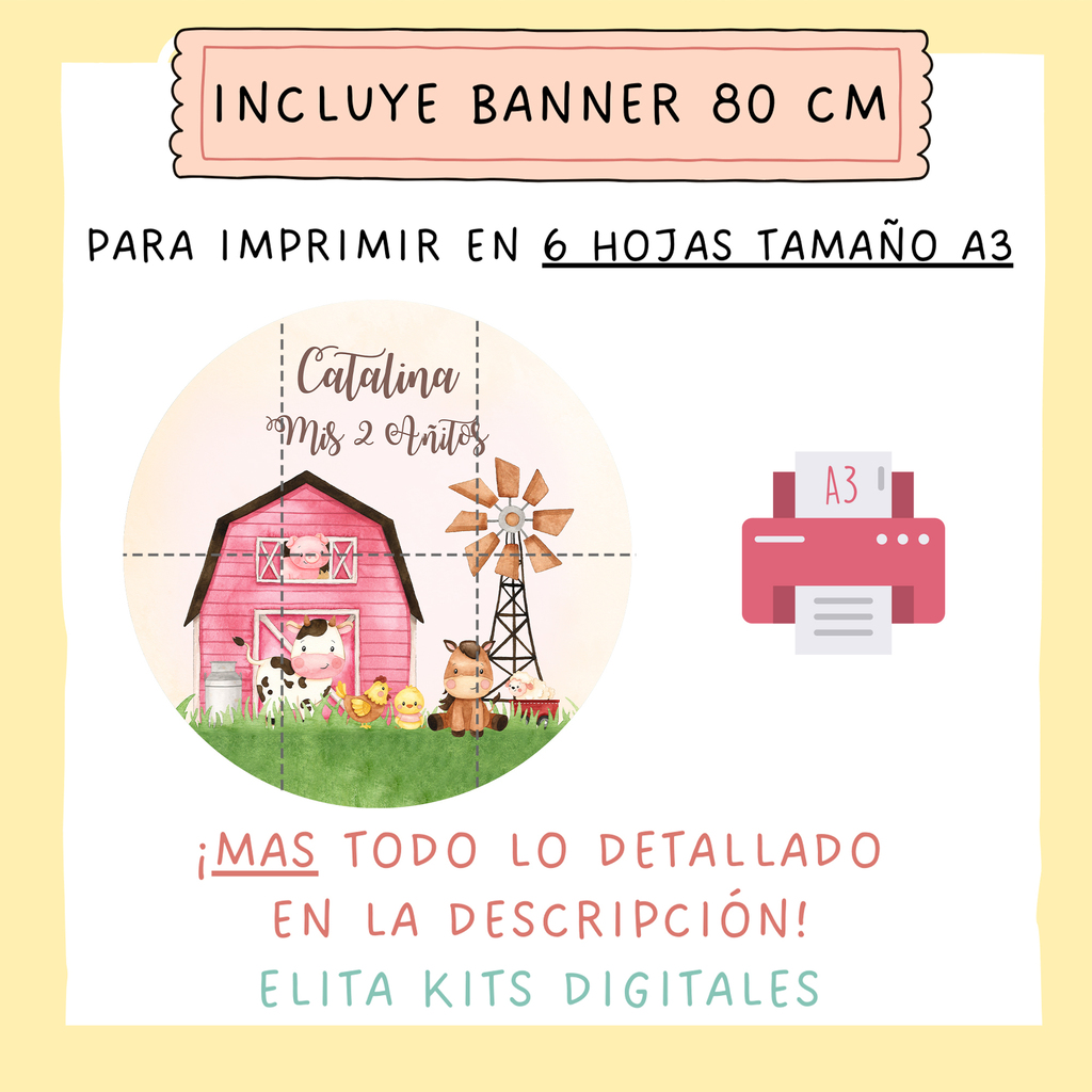 Kit imprimible La Granja de Zenón + Banner Circular Fondo Mesa Dulce