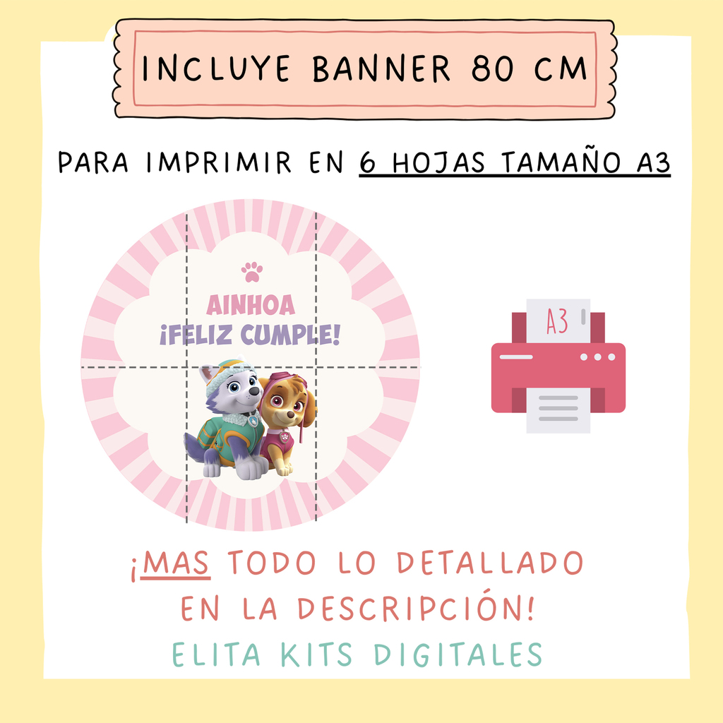 Kit imprimible Patrulla Canina Skye y Everest + Banner Circular Fondo Mesa  Dulce Candybar