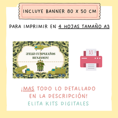 Kit imprimible Soldado Militar + Banner Rectangular Fondo Mesa Dulce Torta - comprar online