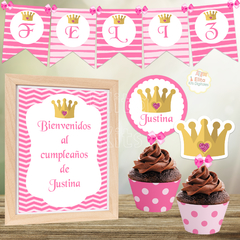 Kit imprimible corona princesa, decoración primer añito 1 año bautismo baby shower nena niña