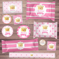 Kit imprimible corona oro, decoración primer añito 1 año bautismo baby shower nena niña