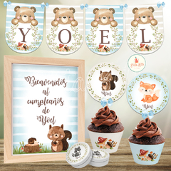 Kit Imprimible Bosque Encantado Nene + Banner Circular Fondo Mesa Dulce Candybar