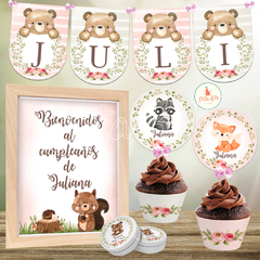 Kit Imprimible bosque encantado nena + Banner Circular Fondo Mesa Dulce Candybar