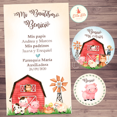 Kit Imprimible Granja Nene estampita de recuerdo de bautismo