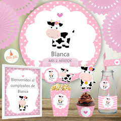 Kit imprimible Vaquita nena banner circular fondo mesa dulce candybar