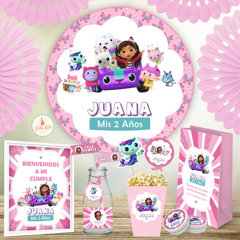 Kit Imprimible Stitch y Angel + Banner Circular Fondo Mesa Dulce