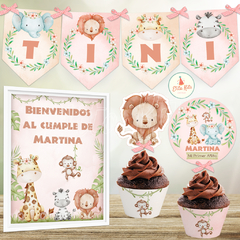 Kit imprimible Animalitos de la Selva Nena + Banner Circular Fondo Mesa Dulce Candybar