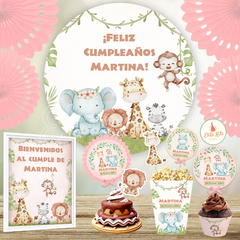 Kit imprimible Animalitos de la Selva Nena + Banner Circular Fondo Mesa Dulce Candybar