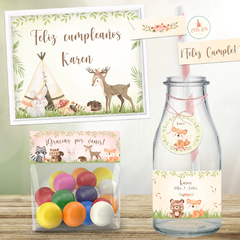 Kit imprimible Animalitos del Bosque Tribal Nena + Banner Circular Fondo Mesa Dulce Candybar - Kits Imprimibles - Elita Kits Digitales