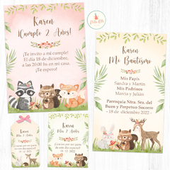 Kit imprimible Animalitos del Bosque Tribal Nena + Banner Circular Fondo Mesa Dulce Candybar