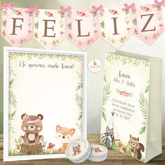 Kit imprimible Animalitos del Bosque Tribal Nena + Banner Circular Fondo Mesa Dulce Candybar - comprar online