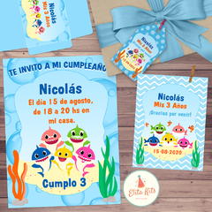 Kit imprimible Baby Shark + Banner Circular Fondo Mesa Dulce Candybar