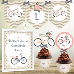Kit Imprimible Bicicleta Flores Shabby Chic + Banner Circular en internet