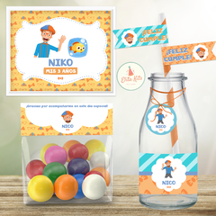 Kit imprimible blippi decoración cumpleaños + candybar