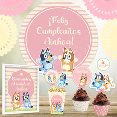 Kit imprimible Bluey Nena + Banner Circular Fondo Mesa Dulce