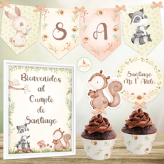 Kit Imprimible Animalitos del Bosque Varón + Banner Circular Fondo Mesa Dulce Candybar - tienda online