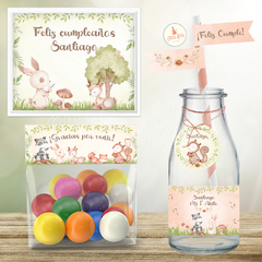 Kit Imprimible Animalitos del Bosque Varón + Banner Circular Fondo Mesa Dulce Candybar