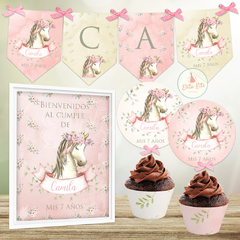 Kit imprimible Caballos Flores Nenas + Banner Circular Fondo Mesa Dulce Candybar - tienda online