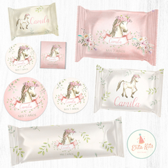 Kit imprimible Caballos Flores Nenas + Banner Circular Fondo Mesa Dulce Candybar