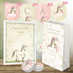 Kit imprimible Caballos Flores Nenas + Banner Circular Fondo Mesa Dulce Candybar en internet