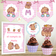 Kit imprimible de decoración para cumpleaños con capibaras carpinchos, incluyendo banderines, cartel y toppers de cupcakes.