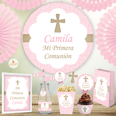 Kit Imprimible Comunión Confirmación Rosa Nena Niña banner fondo mesa dulce