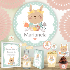 Kit Imprimible Conejita Flores banner circular fondo mesa dulce candybar