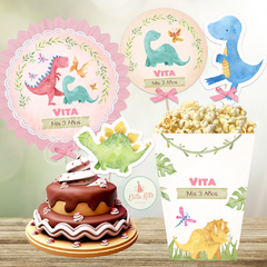 Kit imprimible Dinosaurios Nenas + Banner Circular Fondo Mesa Dulce Candybar - tienda online