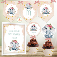 Kit imprimible elefantita flores decoración baby shower