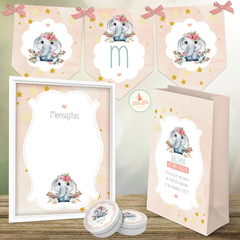 Kit imprimible elefantita flores decoración baby shower