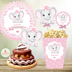 Kit imprimible elefantita bebe rosa decoracion torta cake topper